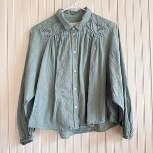 American Eagle Sage Green Eyelet Dobby Button Down Boho Romantic Cotton Blouse
